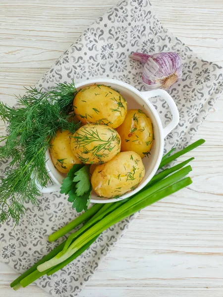 Young Boiled Potatoes Dill Background Cooked — Stock Photo, Image