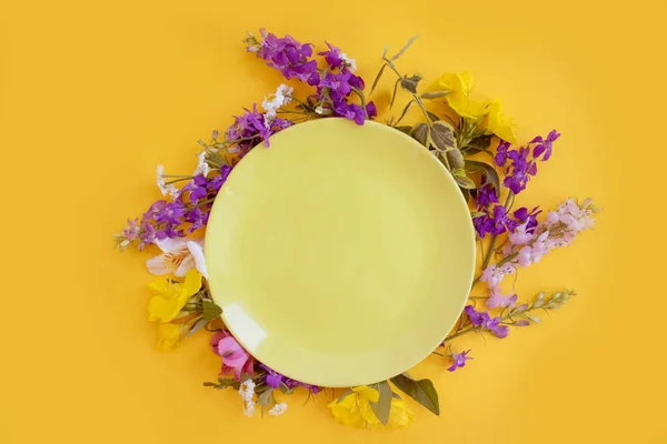 Пустая Тарелка Цветов Цветном Фоне — стоковое фото