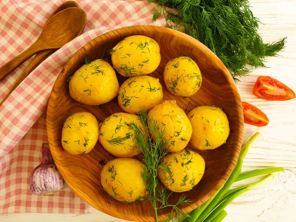Young Boiled Potatoes Dill Background Garlic Cooked — Stock Photo, Image
