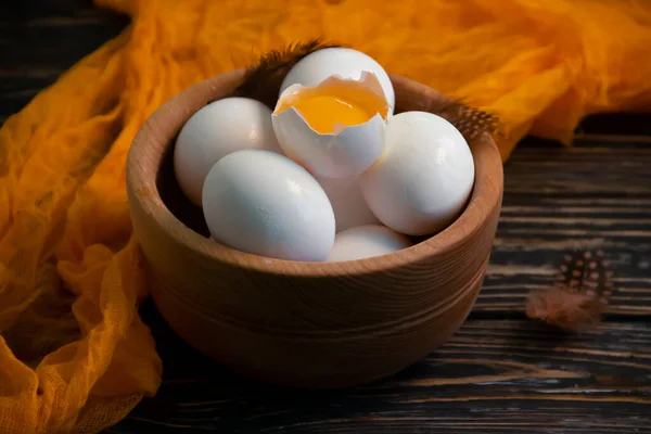 Fresh Eggs Plate Wooden Background — Stock Photo, Image