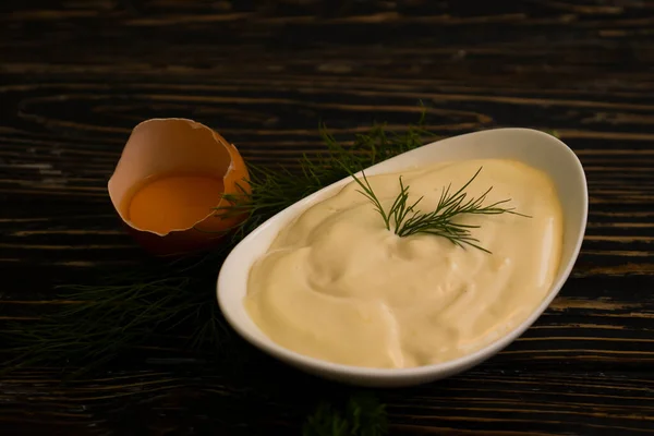 Mayonnaise Egg Dill Wooden Background — Stock Photo, Image