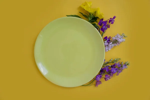 Пустая Тарелка Цветок Цветном Фоне — стоковое фото