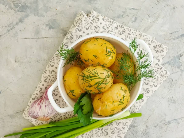 Young Boiled Potatoes Dill Background — Stock Photo, Image