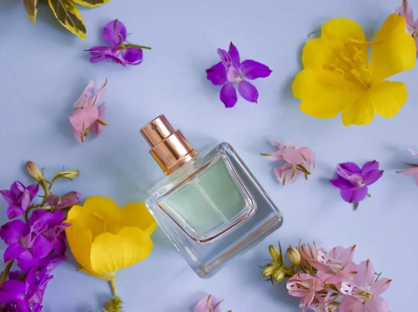 Parfum Fles Bloem Gekleurde Achtergrond Essentie — Stockfoto