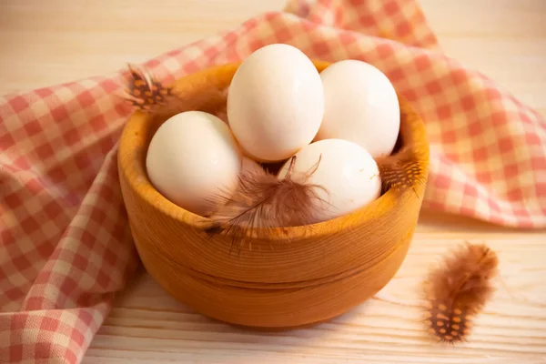 Chicken Eggs Feather Wooden Background Farm — Stock Photo, Image