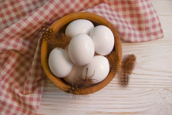 Chicken Eggs Feather Wooden Background Farm — Stock Photo, Image