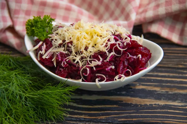 Beet Salad Cheese Wooden Background — Stock Photo, Image