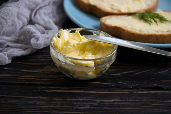 Butter Bread Parsley Wooden Background — Stock Photo, Image