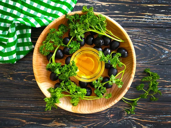 Olive Nere Olio Fondo Legno — Foto Stock