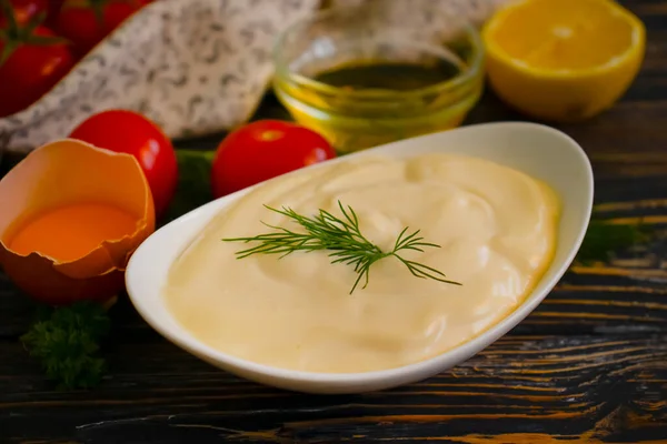 Fresh Homemade Mayonnaise Wooden Background — Stock Photo, Image