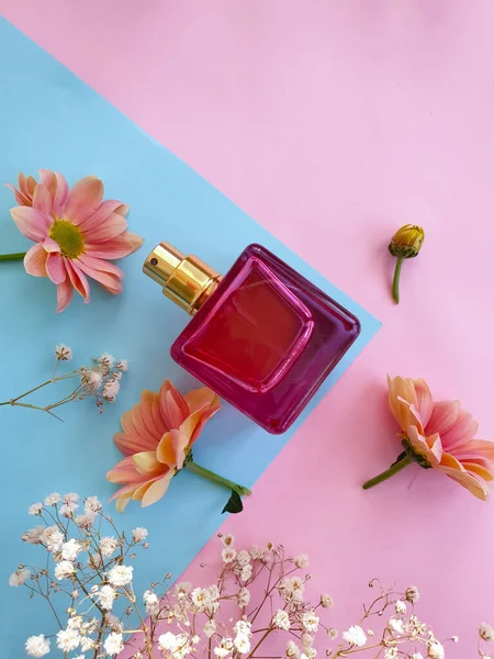 Flasche Parfüm Blume Auf Farbigem Hintergrund — Stockfoto