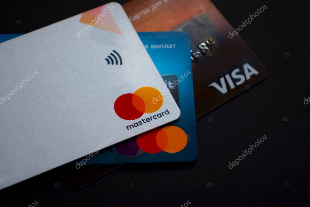 September 2, 2021, Ukraine, Kiev city plastic Mastercard and Visa