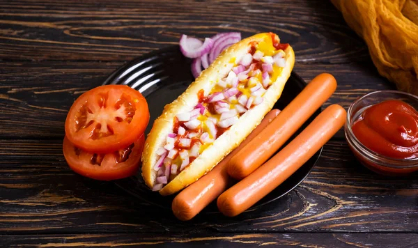 Hot Dog Egy Háttér — Stock Fotó