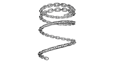 Mücevher kavramları ve endüstriyel dayanıklılık görselleri için modern, sarmal, parlak gümüş metal bir zincir. Yaratıcı projeler için mükemmel.