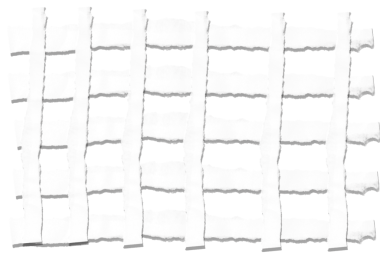 Tek renkli soyut tasarım, düzensiz beyaz dikey elementler üzerinde yatay siyah çizgilerin tekerrür eden bir modelini içerir. Modern grunge estetiği.