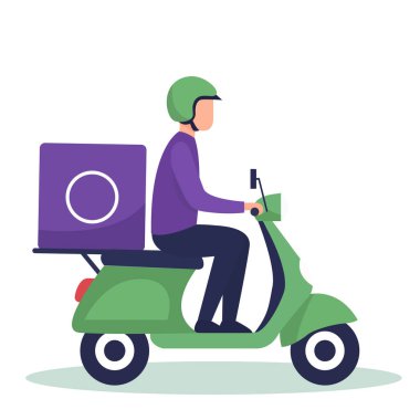 Delivery Boy Riding Scooter for Fast Home Delivery. a delivery boy riding a scooter with a parcel box for fast and safe home delivery, suitable for online shopping, courier service.