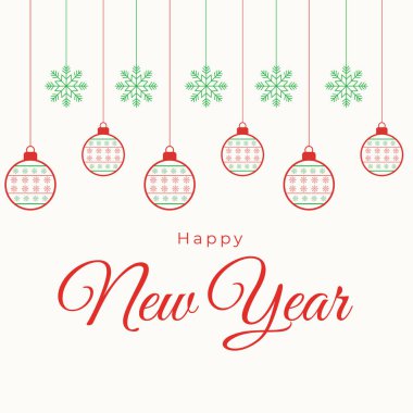Asılı süslemeler ve kırmızı tipografi ile en az mutlu yeni yıl postası. Temiz ve modern Mutlu Yıllar tasarımı zarif asılma süsleri ve şenlikli tipografi ile, web ve sosyal medya için uygundur..