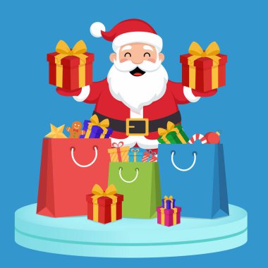 Noel Baba hediyelerle dolu renkli alışveriş çantaları tutuyor. Noel indirimleri, sosyal medya reklamları ve afişler için mükemmel..