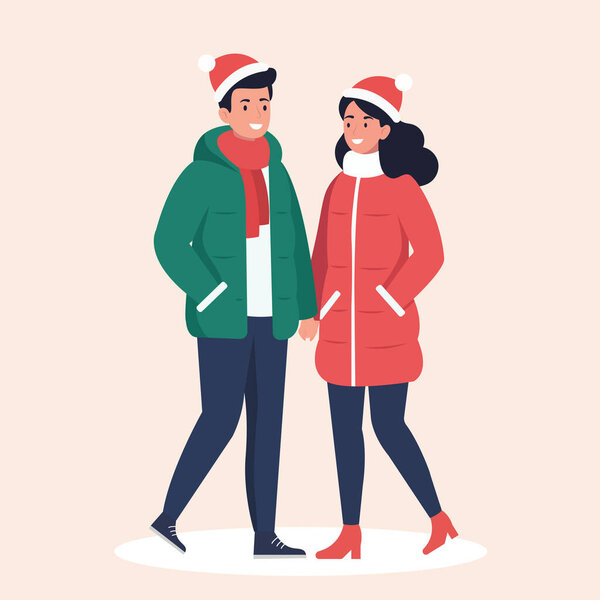 Молодая пара, идущая вместе в иллюстрации зимней одежды