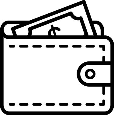 Cüzdan simgesi, içinde para ödemelerini, kişisel harcamaları, tasarrufları ve günlük mali işlemleri sembolize eden katlanmış bir cüzdan ve banknotları gösteriyor..