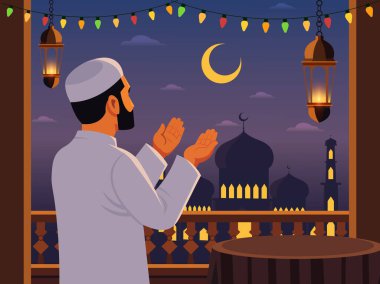 Müslüman Adam Ramazan Gecesinde Balkonda Fenerlerle Hilal Ay ve Cami ile Dua Ediyor