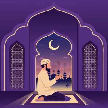 Ramazan Kareem Müslüman Adam Büyük Cami 'de Hilal Ay ve Dekoratif Kemer Tasarımı ile namaz kılıyor