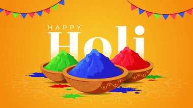 Mutlu Holi arka planında mutluluk geleneğini ve neşeli kültürel kutlamayı sembolize eden parlak renkli pudra kaseleri sergileniyor..