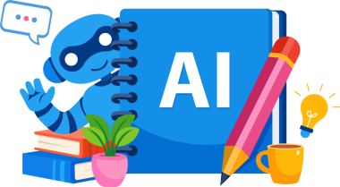 Not defteri ve araçları, eğitim uygulamaları, öğrenci platformları, üretkenlik araçları, öğrenim siteleri ve akademik pazarlama için ideal AI çalışma konsepti.