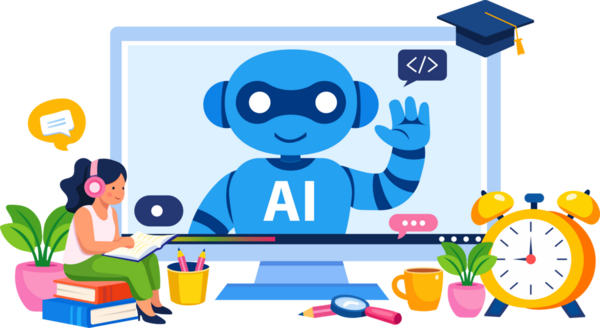 Çevrimiçi dersler için yapay zeka destekli öğretim asistanı, e-öğrenme platformları, eğitim uygulamaları, sanal sınıflar, kurs web siteleri ve dijital eğitim pazarlaması için uygun.