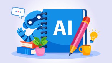 Not defteri ve araçları, eğitim uygulamaları, öğrenci platformları, üretkenlik araçları, öğrenim siteleri ve akademik pazarlama için ideal AI çalışma konsepti.