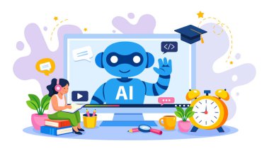 Yapay zeka robotu karatahtada kitaplar ve çalışma araçlarıyla matematik öğretiyor. Okul siteleri, çevrimiçi dersler, eğitim uygulamaları, afişler ve dijital öğrenme pazarlaması için ideal.