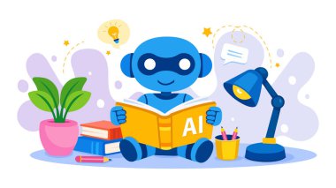 Yapay zeka öğrenme konsepti öğrenciyi yapay zeka asistanı ve kitaplarla gösteriyor. Eğitim uygulamaları, web sitesi afişleri, e-öğrenim tanıtımı ve dijital pazarlama için mükemmel.