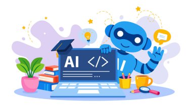 Bilgisayarında kodlama arayüzü olan yapay zeka robotu. Program kursları, SaaS platformları, teknoloji web siteleri, uygulama UI, dijital pazarlama ve eğitim afişleri için ideal.