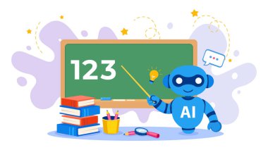 Mezuniyet şapkası ve çalışma araçlarıyla yapay zeka çevrimiçi ders veriyor. Çevrimiçi eğitim platformları, akademik web siteleri, sosyal medya reklamları ve ders tanıtımı için ideal.