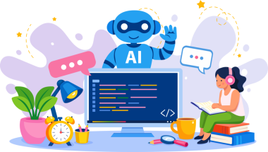 Çalışma aletleri ve lambayla kitap okuyan yapay zeka robotu. E-öğrenim platformları, eğitim uygulamaları, web sitesi afişleri, çevrimiçi kurs pazarlama ve akademik sunumlar için mükemmel.