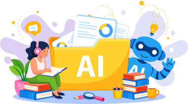 Yapay zeka robotu sohbet ve çalışma öğeleri içeren kitap okuyor. Çevrimiçi kurslar, eğitim uygulamaları, web sitesi afişleri, sunumlar ve dijital pazarlama için mükemmel.