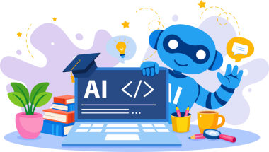 Bilgisayarında kodlama arayüzü olan yapay zeka robotu. Program kursları, SaaS platformları, teknoloji web siteleri, uygulama UI, dijital pazarlama ve eğitim afişleri için ideal.