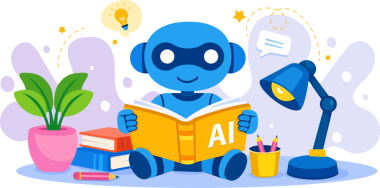 Yapay zeka öğrenme konsepti öğrenciyi yapay zeka asistanı ve kitaplarla gösteriyor. Eğitim uygulamaları, web sitesi afişleri, e-öğrenim tanıtımı ve dijital pazarlama için mükemmel.