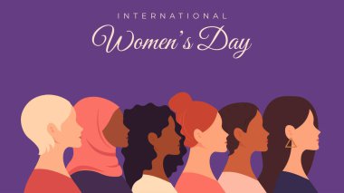 Modern kadın illüstrasyonlu Kadınlar Günü tanıtım afişi. Web sitesi başlıkları, e-posta kampanyaları, sosyal medya reklamları ve kurumsal pazarlama materyalleri için mükemmel.