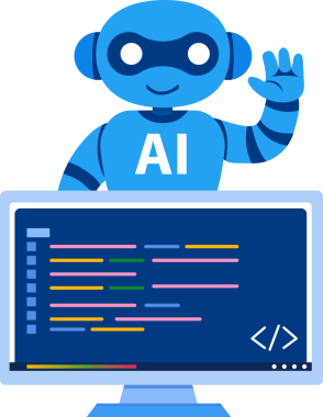 EdTech web siteleri, eöğrenme platformları, kodlama kursları, uygulama UI ve dijital eğitim pazarlaması için ideal masaüstü ekran simgesindeki yapay zeka robotu.