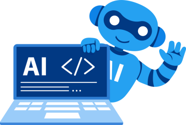 Program kursları, EdTech uygulamaları, web sitesi UI ve dijital eğitim pazarlama materyalleri için ideal robot simgesi olan yapay zeka kodlama dizüstü bilgisayarı.