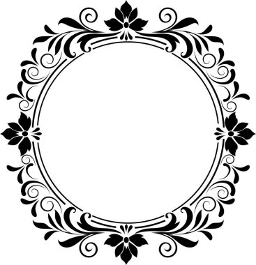 Süslü ayrıntıları ve dengeli kompozisyonu olan sofistike siyah çiçekli bir çerçeve. Davetiyeler, markalaşma, tebrik kartları ve prim pazarlama malzemeleri için ideal.