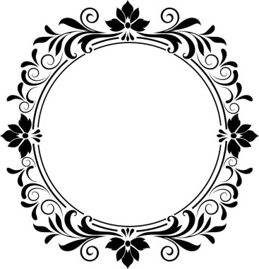 Süslü ayrıntıları ve dengeli kompozisyonu olan sofistike siyah çiçekli bir çerçeve. Davetiyeler, markalaşma, tebrik kartları ve prim pazarlama malzemeleri için ideal.