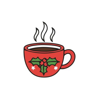 Noel sıcak kahve fincanı ikonu. Noel süsleri ve noel teması. Yalnız tasarım. vektör illüstrasyonu