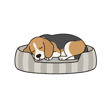 Uyuyan ve yatakta uzanan şirin küçük köpeğin vektör çizimi