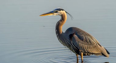 Göl kıyısındaki büyük mavi balıkçıl. Doğal yaşam ortamı. Balıkçılmış artta heron.