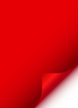 Kırmızı kağıt arka plan gerçekçi kıvrımlı köşe efekti, gradyan gölge ve pürüzsüz ışık yansıması.