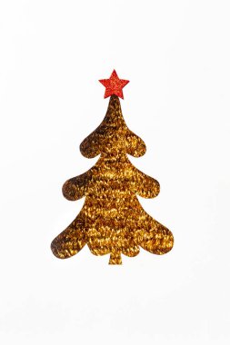 Golden glitter Christmas tree with red star on white background.