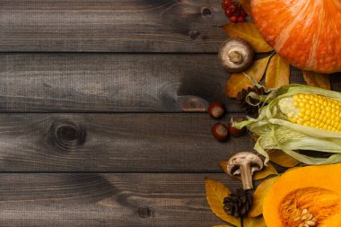 Balkabakları, mantarlar, fındıklar ve koyu ahşap arka planda yapraklarla sonbahar kompozisyonu.