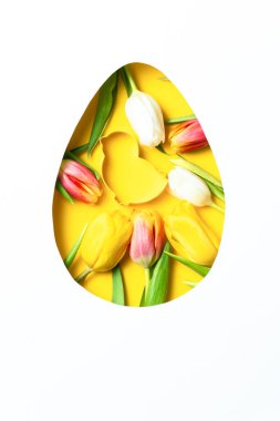 Renkli lalelerle bembeyaz arka planda yumurta şeklindeki minimum Paskalya konsepti..